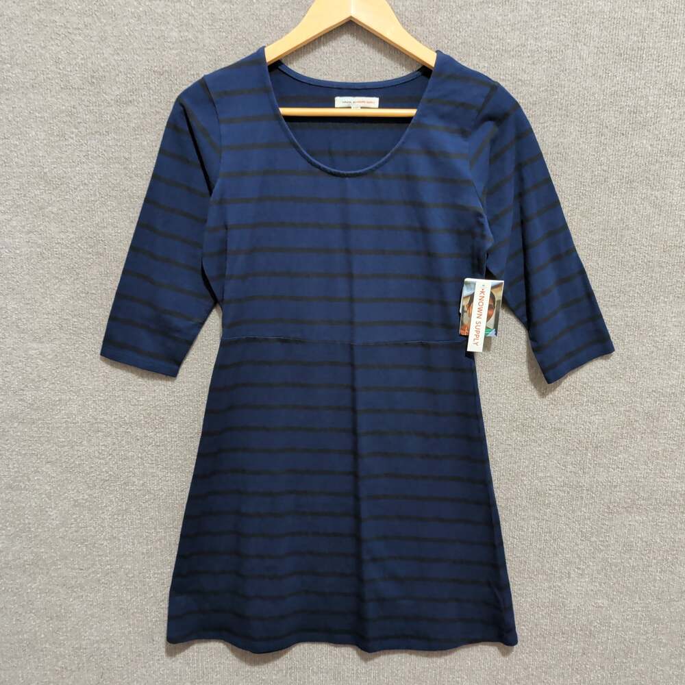 KNOWN SUPPLY 3/4 Sleeve Striped Knit Scoop Neck Drop Waist Dress Navy Black Sz S